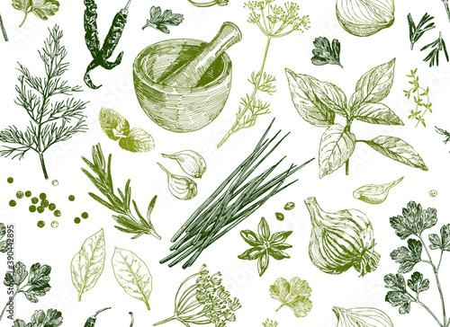 Seamless background with herbs and spices, fine texture for kitchen design