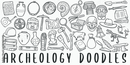 Archeology doodle icon set. Old Objects Vector illustration collection. Banner Hand drawn Line art style.