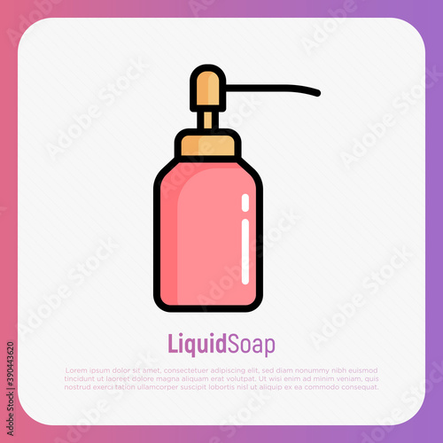 Dispenser for gel or foam soap thin line icon. Bottle with pump. Modern vector illustration of bathroom equipment.