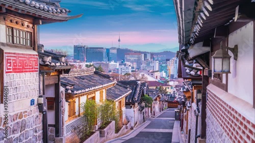 Timelapse at Seoul City,Bukchon Hanok Village, Seoul, South Korea, 4K Time lapse photo