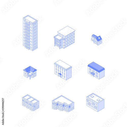 Set of isometric objects. Monochrome line art residential buildings collection. High-rise condo apartment houses cottages townhouses