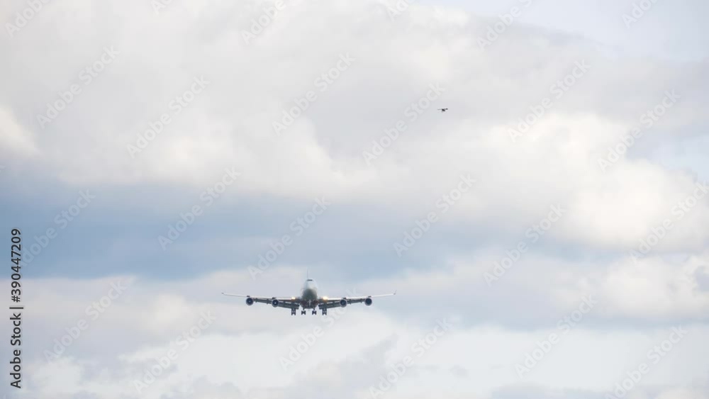 Wide-body airliner on final approach. Wide-body airliner on final approach.
