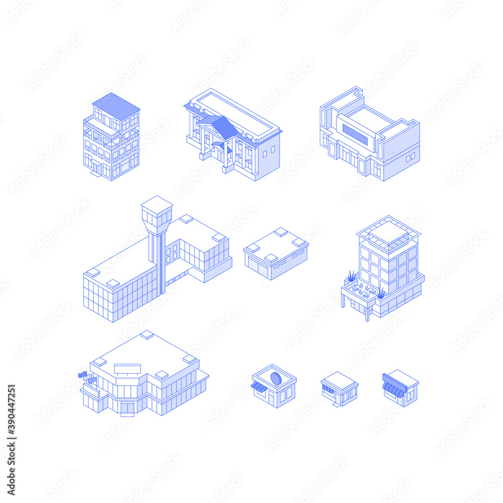 Set of isometric objects. Monochrome line art city buildings collection. Hotel city hall theatre airport office building mall shops cafes Set of isometric objects. Monochrome line art city buildings collection. Hotel city hall theatre airport office building mall shops cafes