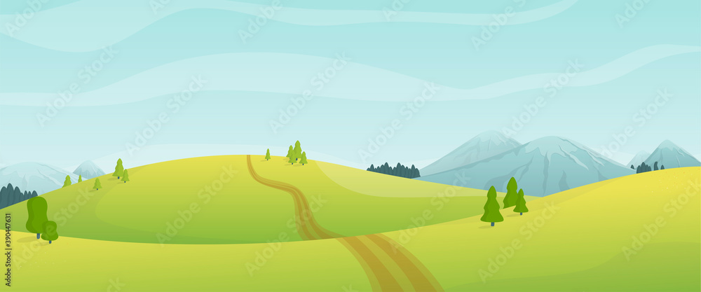 Cartoon panoramic view of summer day nature in. Mountains, fields and hills with snow-capped peaks, trees, firs. A path leading off into the distance. Bright colors. Cartoon panoramic view of summer day nature in. Mountains, fields and hills with snow-capped peaks, trees, firs. A path leading off into the distance. Bright colors.