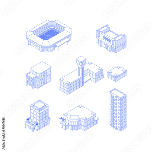 Set of isometric objects. Monochrome line art city buildings collection. Stadium theatre condo airport hotel office building mall high-rise apartment house