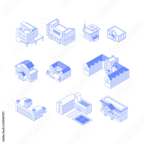 Set of isometric objects. Monochrome line art downtown buildings collection. Hospital theatre police office cinema museum kindergarten univetsity railway station school city hall