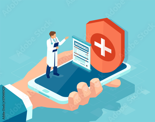 Vector of a man holding a smart phone with health care app, insurance and doctor consultation online service