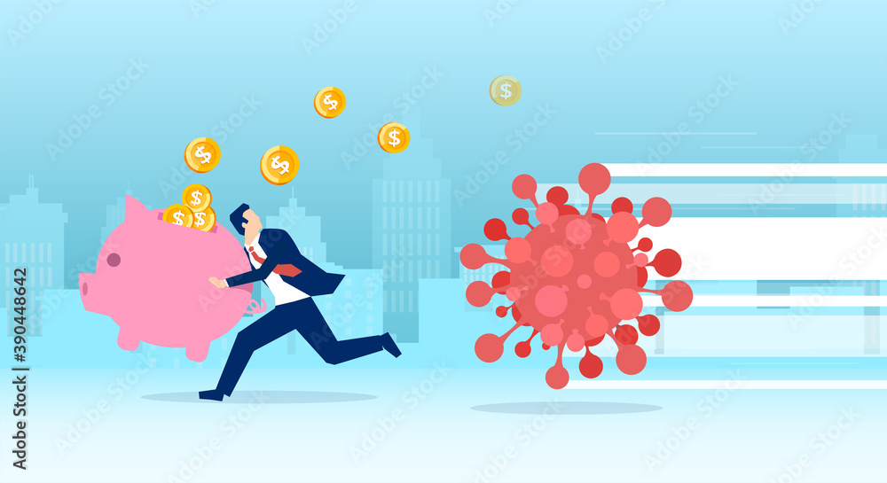 Vector of a business man with piggy bank running away from coronavirus losing money