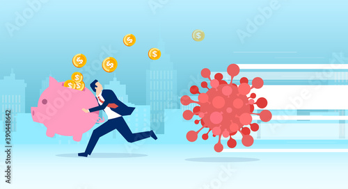 Vector of a business man with piggy bank running away from coronavirus losing money