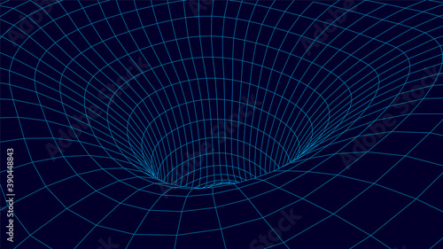 Futuristic blue funnel. Wireframe space travel tunnel. Abstract blue wormhole with surface warp. Vector illustration.