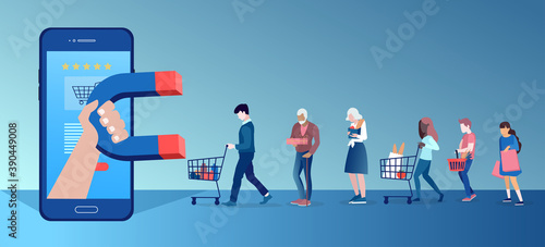 Vector of a group of people shoppers  being attracted by social media app platform photo