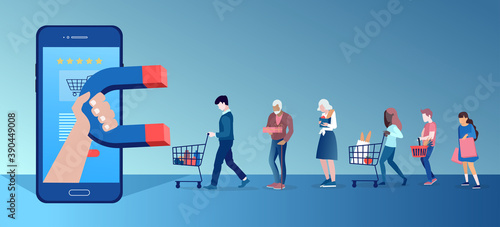 Vector of a group of people shoppers  being attracted by social media app platform