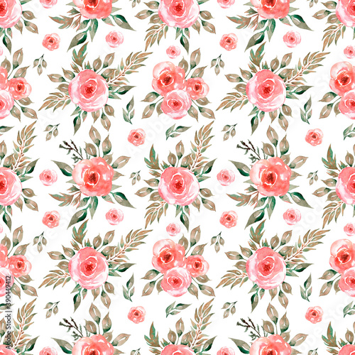 Seamless watercolor pattern with delicate florals in red, grey green leaves. Hand drawn decor patterns with flowers and greenery.