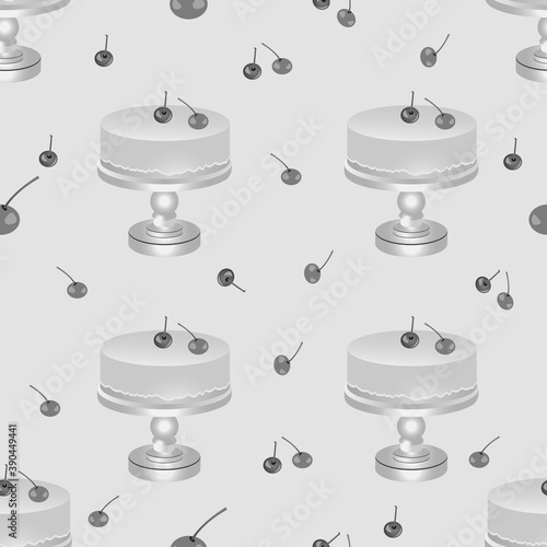 Grascale seamless pattern of slice of pink cake with cherries. Vector illustration isolated on a gray background.