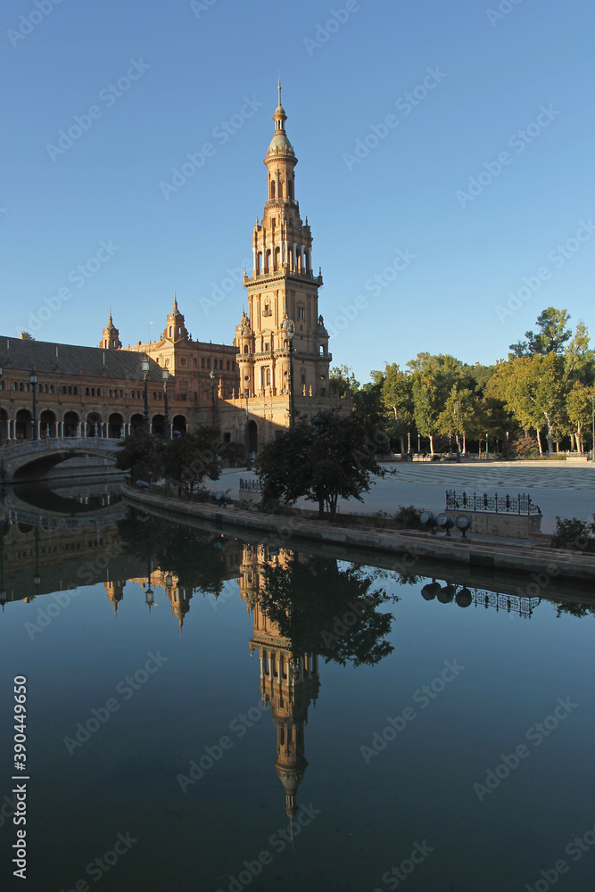 A detail of the Spain square in the María Luisa Park, a public park that stretches along the Guadalquivir River in Seville, Spain. It was built in 1928 for the Ibero-American Exposition of 1929. 