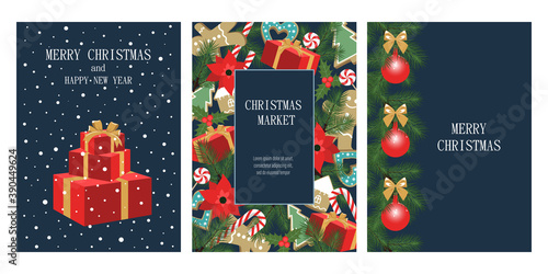 Merry christmas and happy new year greeting cards set. Christmas market.