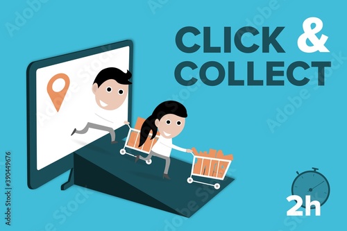 Click and Collect concept. E-commerce click and collect online ordering service symbol. Shopping bag. Shopping cart. Pickup location.
