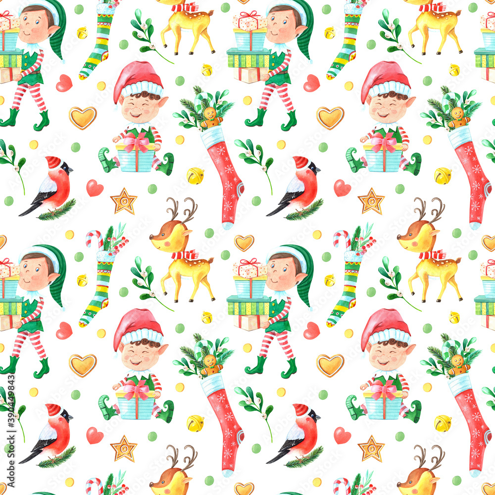 Christmas watercolor seamless pattern with elf boy,Deer,Holly,Bullfinch,gingerbread,gift box,green leaves,sock,pine on white background.Hand-drawn Winter illustration for the New year.