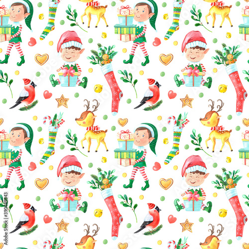 Christmas watercolor seamless pattern with elf boy,Deer,Holly,Bullfinch,gingerbread,gift box,green leaves,sock,pine on white background.Hand-drawn Winter illustration for the New year.