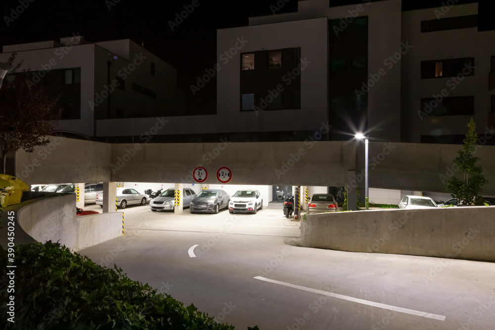 entrance to the underground garages with modern Led street illumination