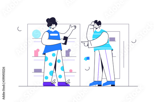 Girl helps a man in choosing a product in a store, communication with people, consultation, isolated on white background, flat vector illustration © Andrey