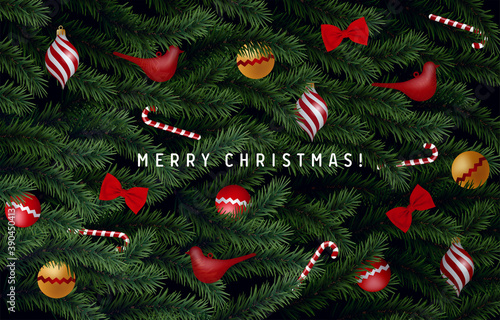 Christmas greeting card with realistic christmas tree branches. Beautiful Christmas background
