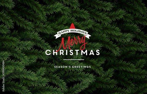 Christmas greeting card with realistic christmas tree branches. Beautiful Christmas background