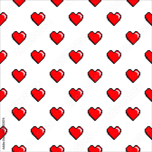 Seamless pattern with red pixel hearts. Vector