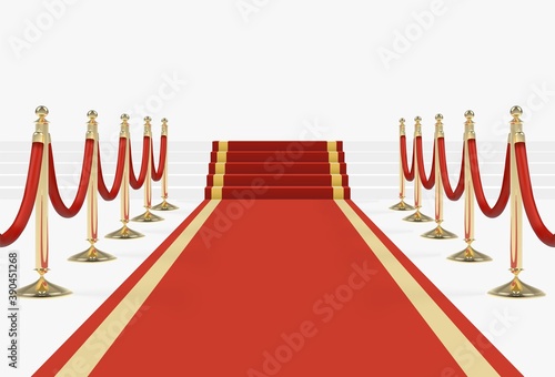 Red carpet on stairs with red ropes on golden stanchions