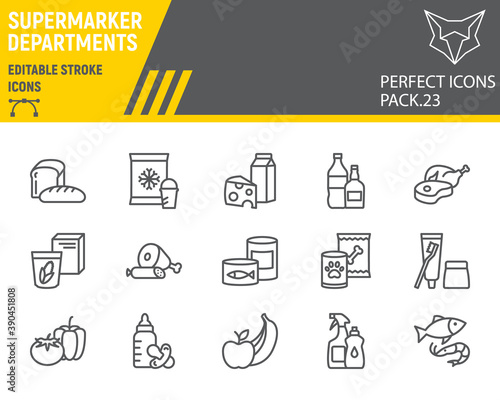 Supermarket departments line icon set, grocery collection, vector sketches, logo illustrations, online sales icons, supermarket department signs linear pictograms, editable stroke.