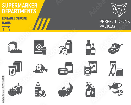 Supermarket departments glyph icon set, grocery collection, vector sketches, logo illustrations, online sales icons, supermarket department signs solid pictograms, editable stroke.