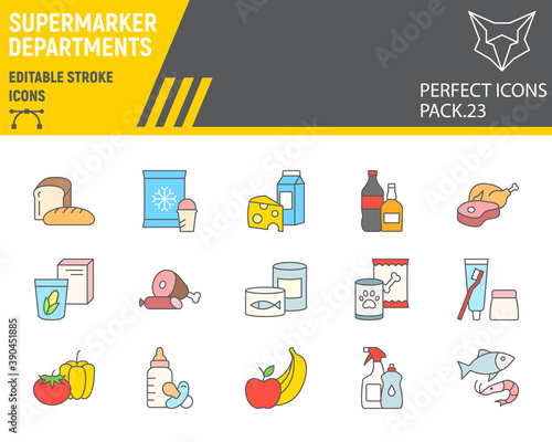 Supermarket departments color line icon set, grocery collection, vector sketches, logo illustrations, online sales icons, supermarket department signs filled outline pictograms, editable stroke.