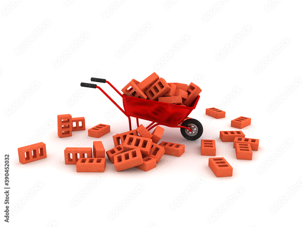 Obraz premium 3D Rendering of wheelbarrow and many bricks