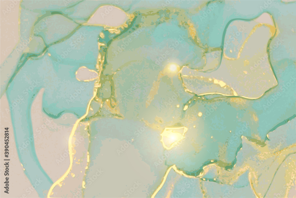 Emerald green, grey, and gold stone background with texture of marble. Alcohol ink oriental technique. Abstract vector art. Flow paint in natural colors with glitter. Template for banner, poster. Emerald green, grey, and gold stone background with texture of marble. Alcohol ink oriental technique. Abstract vector art. Flow paint in natural colors with glitter. Template for banner, poster.