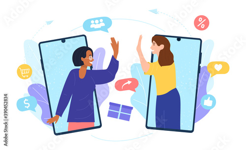 Customers sharing references and earning money. Mobile phones users chatting, exchanging gifts. Flat cartoon vector illustration for refer a friend, referrals, loyalty program, marketing concept