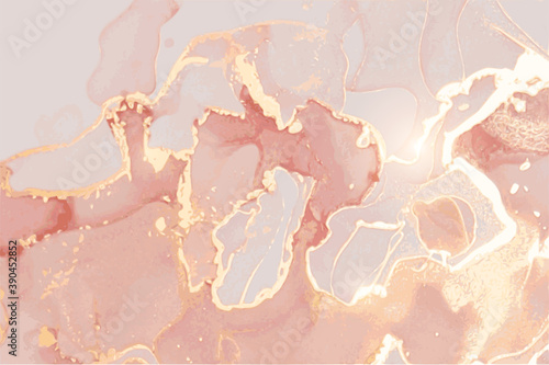 Abstract rose, and gold stone background with texture of marble. Alcohol ink oriental technique. Vector art. Flow paint in natural colors with glitter. Template for banner, poster.