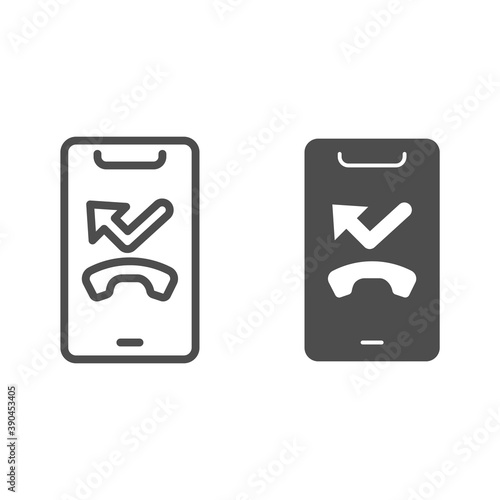 Missed call in smartphone line and solid icon, smartphone review concept, unanswered call on mobile screen sign on white background, missed call in phone icon in outline style. Vector graphics.