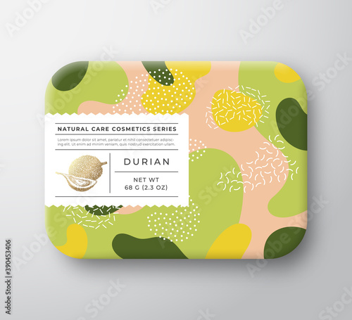Fruits Bath Cosmetics Box. Vector Wrapped Paper Container with Care Label Cover. Packaging Design. Modern Typography and Hand Drawn Durian. Abstract Camo Background Pattern Layout. Isolated