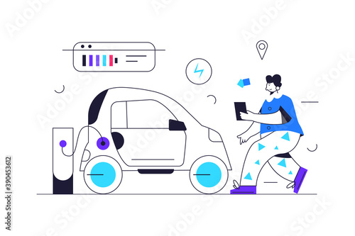 The guy approaches the electric mobile, which stands on the charge, modern, isolated on white background, flat vector illustration