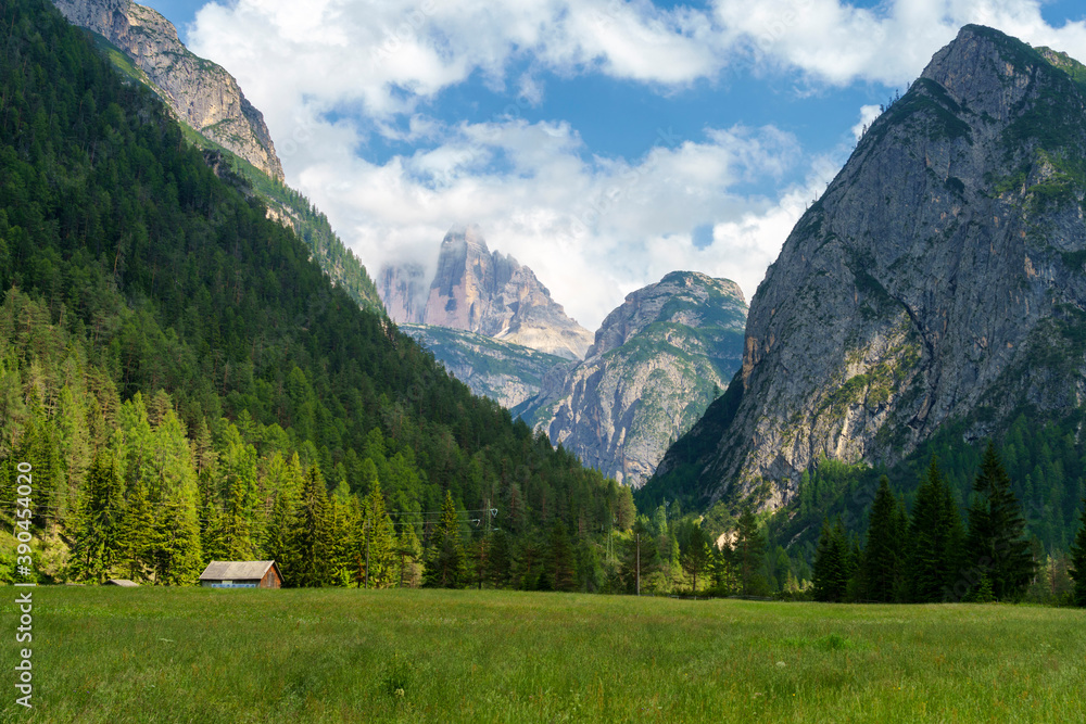Mountain landscape along the road of Landro Valley, Dolomites