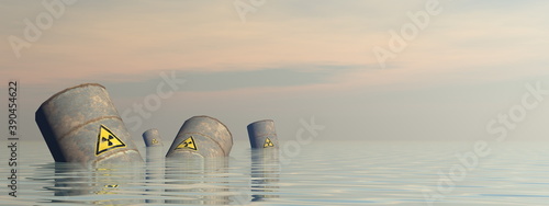 Toxic barrels floating in the water by sunset - 3D render