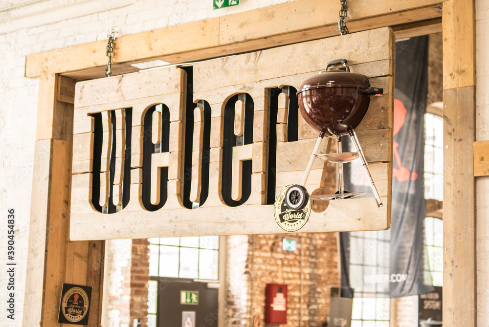 Weber Reklame Schild im Santos Grill Shop in Köln Stock Photo | Adobe Stock