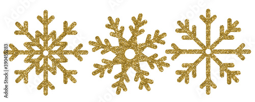 Golden snowflake isolated on white background. Glitter icons of snowflakes for fabrics, paper, textile, gift wrap
