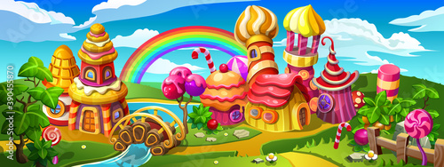 Candy town which is made of lollipop, cake, caramel and marmalade. Colorful houses, towers and bridge on the big panorama.
Vector cartoon illustration.