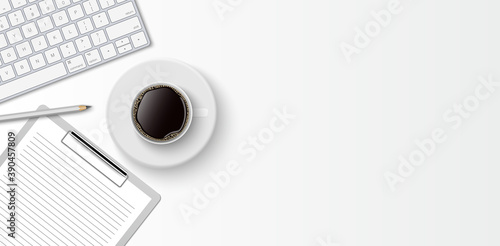 Flat lay minimal work space, Top view office desk with computer keyboard, clipboard and coffee cup on white color background with copy space, vector illustration