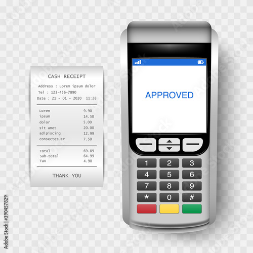 Payment Machine, POSt terminal with cash receipt isolated on transparent background, vector illustration