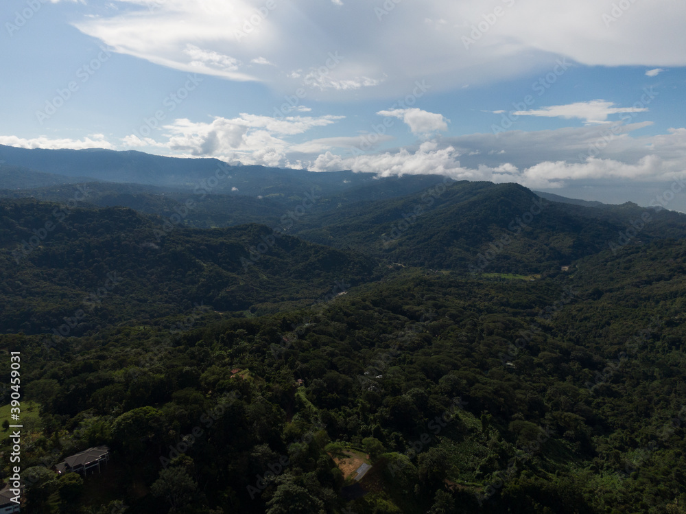 Beautiful aerial landscape view of the green mountains of Costa Rica