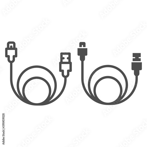 Usb cable line and solid icon, smartphone equipment concept, wire for data transmission sign on white background, usb cable for charging smartphone icon in outline style. Vector graphics.