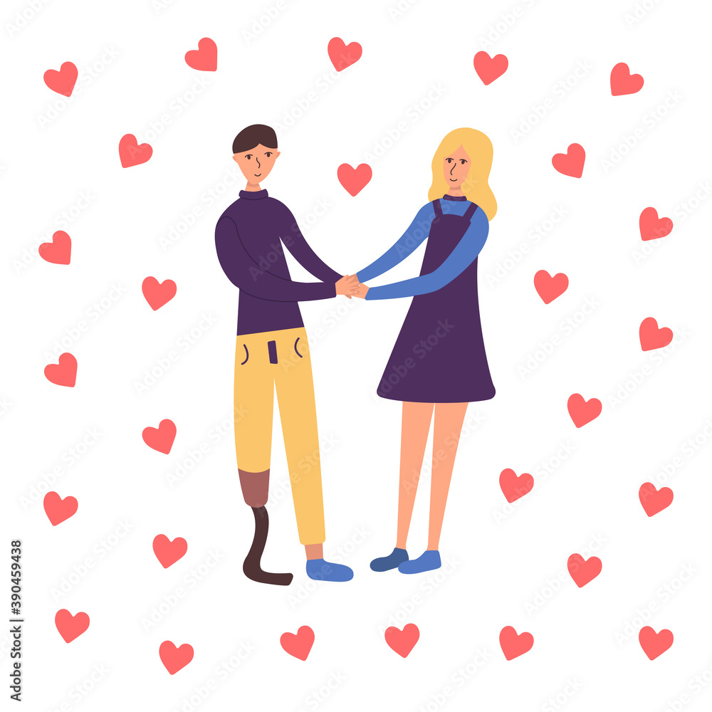 Guy with a prosthetic leg is holding hands with his girlfriend and smiling. Many red hearts. Valentines Day. Couple in love. Holiday on February 14. Support and happiness. Disabled person. Vector Guy with a prosthetic leg is holding hands with his girlfriend and smiling. Many red hearts. Valentines Day. Couple in love. Holiday on February 14. Support and happiness. Disabled person. Vector