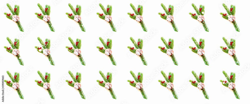 Christmas or New Year pattern of pine cones and fir branches on white background.
